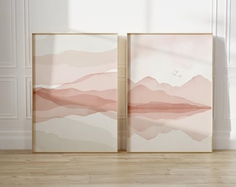 Roze landschap aquarelprint set: abstracte minimalistische muurkunst (INGElijst)