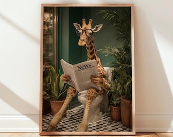 Funny Giraffe Toilet Print: Whimsical Bathroom Humor Wall Art