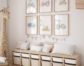 Construction Truck Prints: Watercolor Kids Room Wall Art (Set of 6)