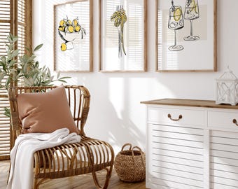 Kitchen Wall Art, Set of 3 posters, Pasta lover, Cocktail drinks, Black and Yellow, UNFRAMED
