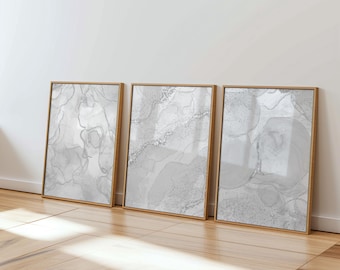 Marble Prints in grey white and silver, set of 3 Prints, UNFRAMED