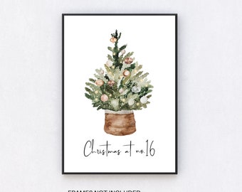 Christmas Tree Print with Personalised Home Number, Christmas print,UNFRAMED