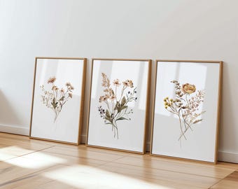 WildFlowers Art Watercolour set of 3 prints, neutral botanical boho wall art ,UNFRAMED