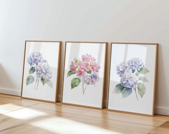 Hydrangea Wall Art Set of 3, Watercolor Botanical Floral Prints UNFRAMED