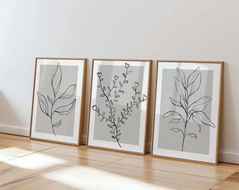 Botanical Line Art Prints: Grey Home Decor, Set of 3 (UNFRAMED)