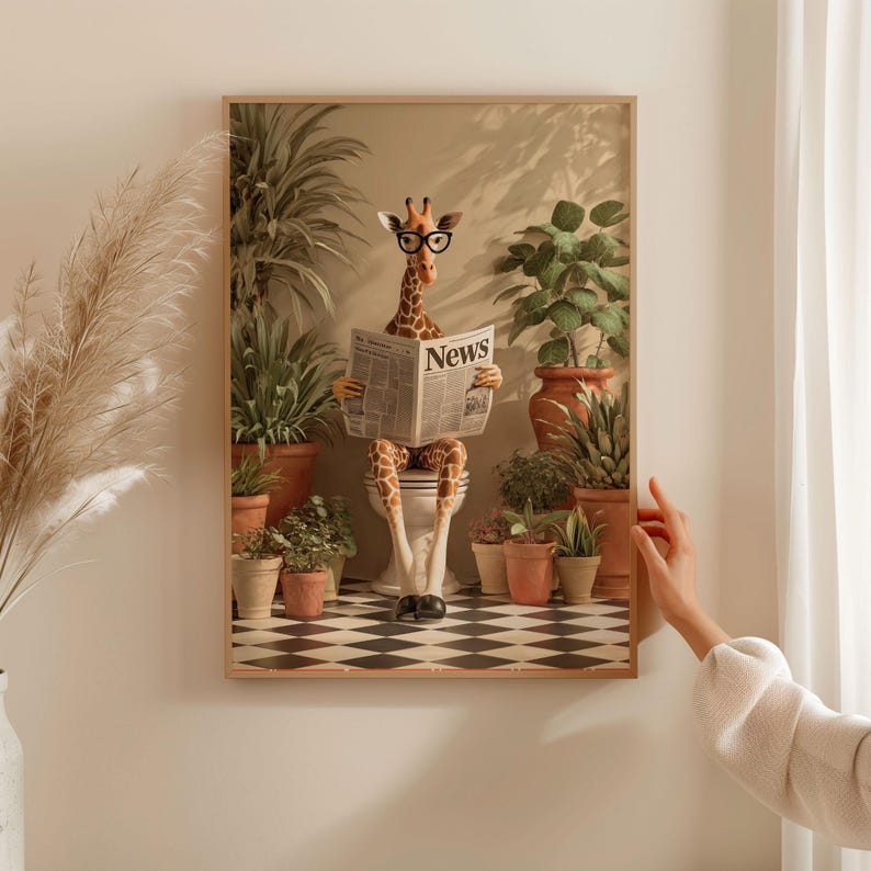 A giraffe wearing glasses is sitting on a toilet and reading a newspaper, surrounded by potted plants and a checkered floor.