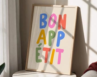 Bon Appetit Art Kitchen Print Typography Wall Art, Lets Eat Print for Colourful Kitchen Decor Unframed