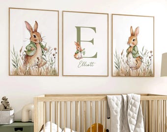 Personalized Peter Rabbit Nursery Wall Art Set of 3, Baby Name Banner Floral Bunny Decor Unframed