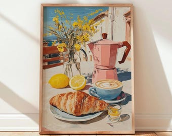 French Café Breakfast Wall Art, Coffee Croissant Kitchen Print, Pastry Shop Decor UNFRAMED