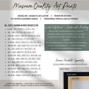 The image is a collection of various art prints, each with different sizes and frame options. The art prints are designed to last a lifetime and are made with premium fine art paper, ensuring a high-quality final product. The prints are professionally printed and carefully packaged, making them suitable for professional use or as gifts. The image also includes information about the availability of custom sizes and the option to see the frames listing or message US for help.
