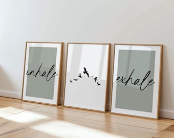 Inhale Exhale Wall Art Set of 3, Sage Green Minimalist Calm Decor, Mindfulness Poster Unframed