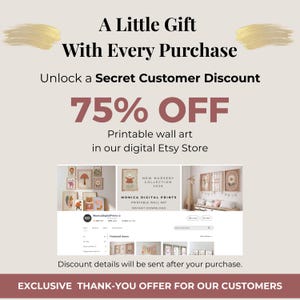 The image is an advertisement for a digital print store, offering a 75% discount on printable wall art. The text highlights the store's offer and provides a link to purchase the items.