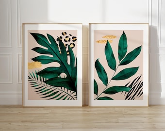 Set of 2 Botanical prints, Tropical Prints, Green Pink and Gold,UNFRAMED