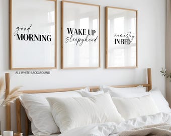 Above Bed Wall Art Set of 3, Neutral Bedroom Prints, Minimalist Couple Decor, Namastay in Bed Poster UNFRAMED