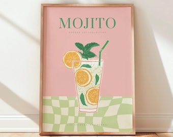 Cocktail Wall Art print, Mojito Kitchen Poster, Pink Green Bar Cart Art, Colourful Drink Print, Modern Home Bar Poster