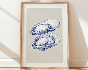 Blue Oyster Print, Coastal Gallery Beachy Wall art Seafood Kitchen Decor UNFRAMED