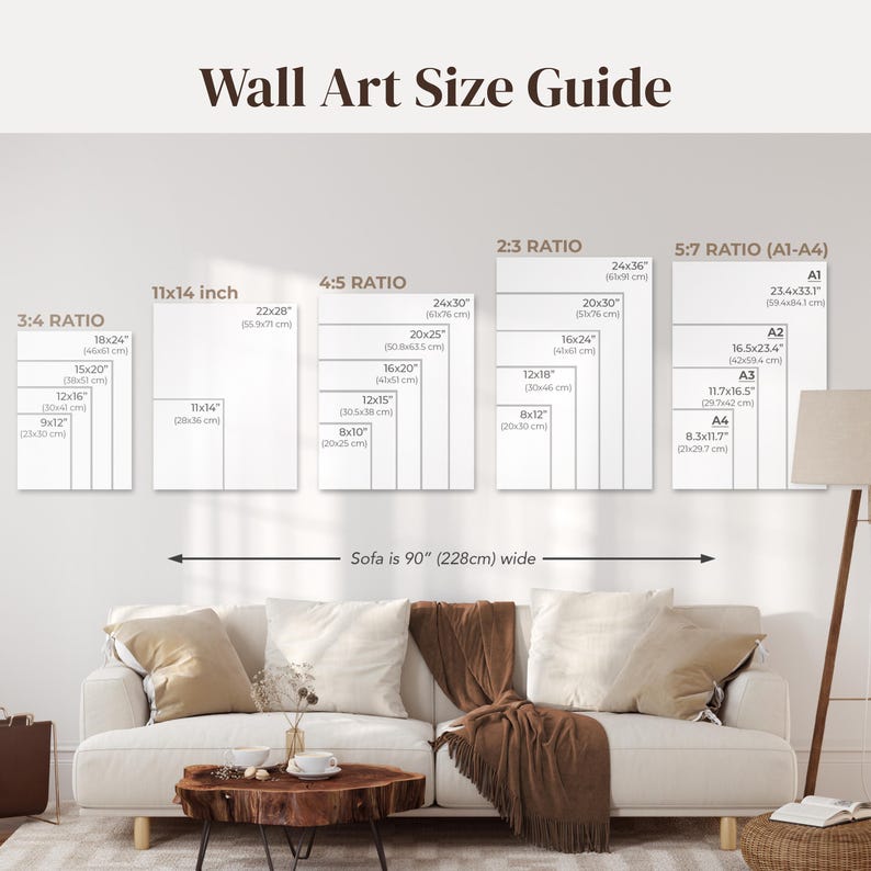 The image is a wall art size guide for wall art, providing dimensions and scale for different artworks.