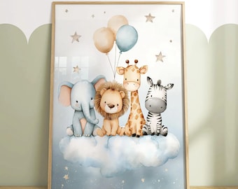 Safari Animals Cloud Nursery Print, Elephant Lion Giraffe Zebra Wall Art UNFRAMED