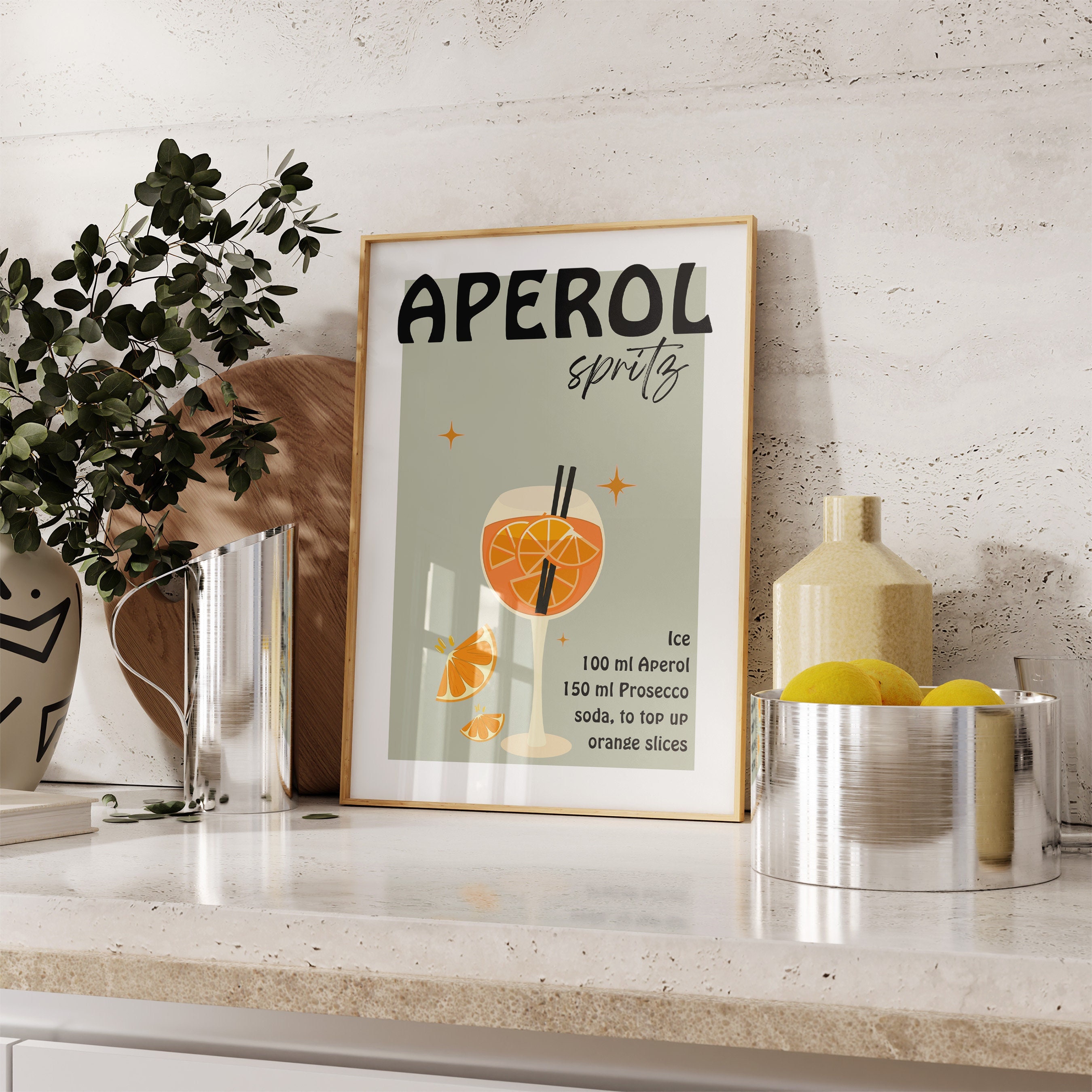 Póster retro de Aperol Spritz / Arte de cóctel de inspiración vintage con receta / Color de fondo personalizable, SIN MARCO