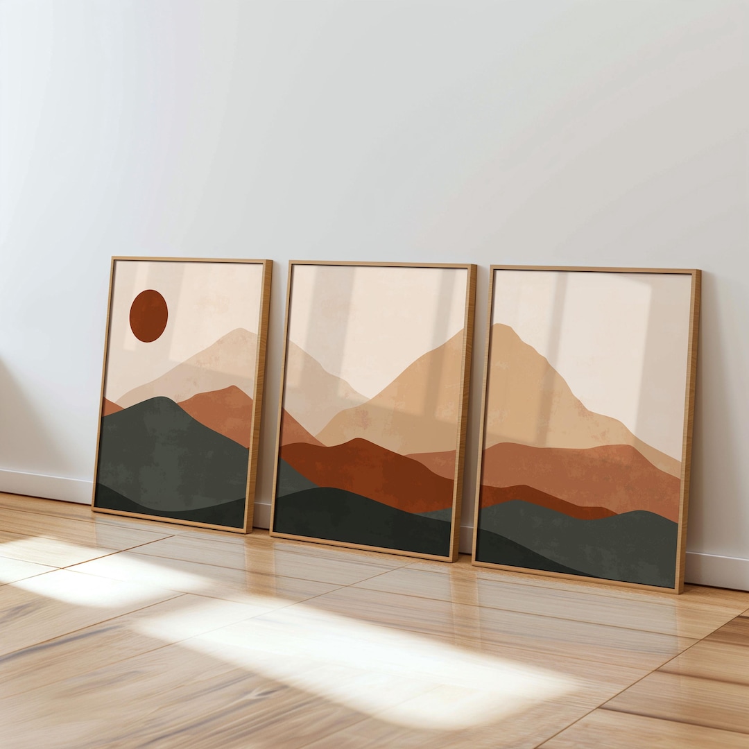 Boho Landscape Wall Art Set of 3: Terracotta & Green Mountain Prints - Etsy