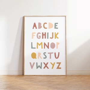 Impresión del alfabeto, arte de pared para guardería con arcoíris, decoración de habitación infantil, impresión de letras del alfabeto, SIN MARCO