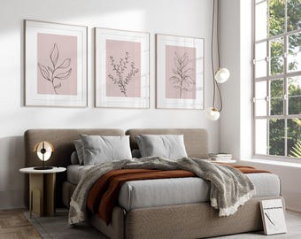 Pink Botanical Line Art Prints: Modern Home Decor, Set of 3