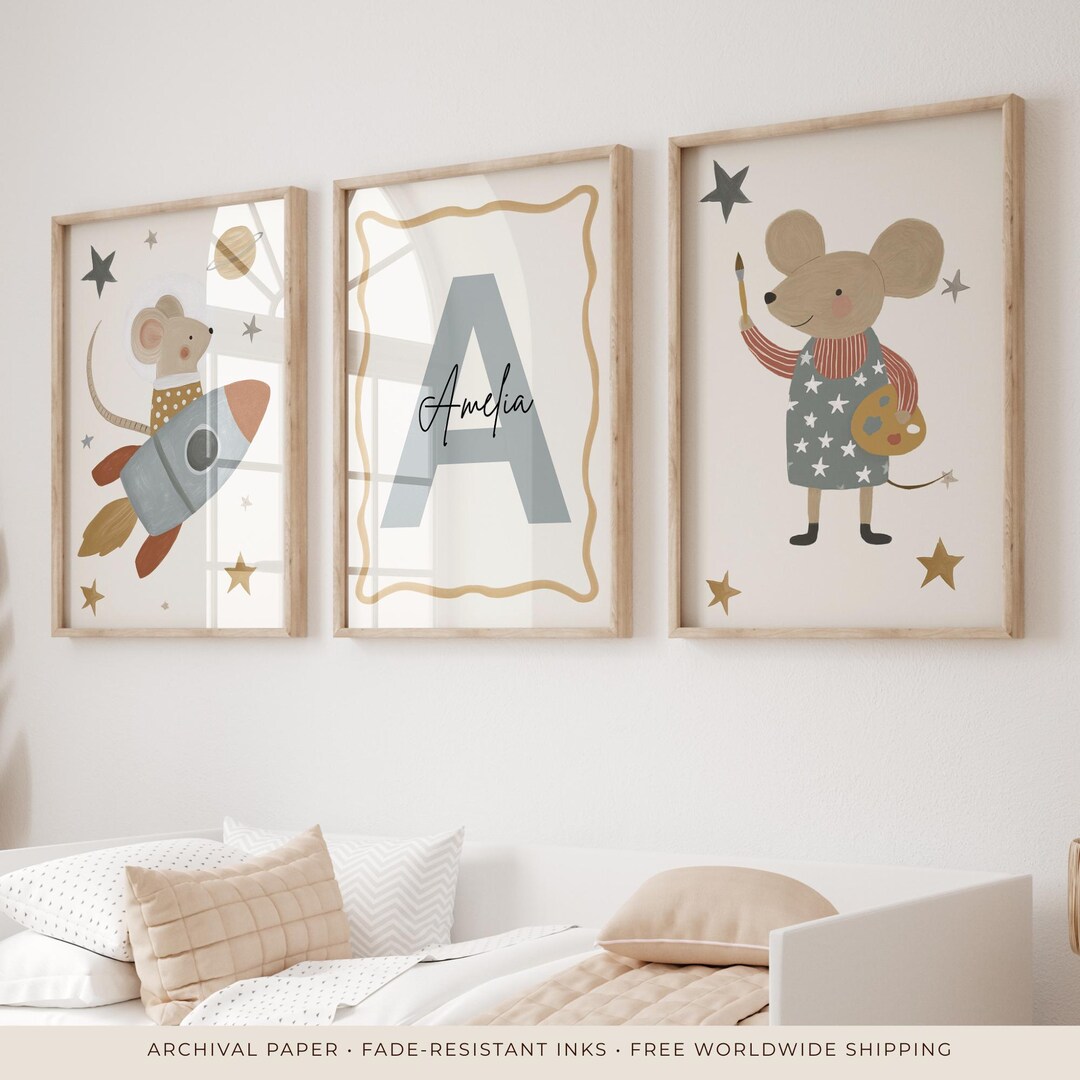 Personalized Name Space Nursery Wall Art Set of 3, Custom Initial Print ...