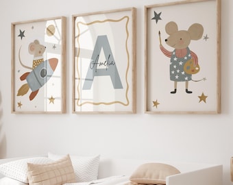 Personalized Name Space Nursery Wall Art Set of 3, Custom Initial Print Mouse Rocket Prints UNFRAMED