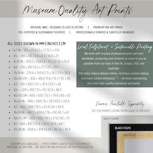 The image is a collection of various art prints, each with different sizes and frame options. The art prints are designed to last a lifetime and are made with premium fine art paper, ensuring a high-quality final product. The prints are professionally printed and carefully packaged, making them suitable for professional use or as gifts. The image also includes information about the availability of custom sizes and the option to see the frames listing or message US for help.
