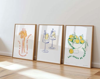 Kitchen Wall Art, Set of 3 posters, Pasta lover, Cocktail drinks, UNFRAMED