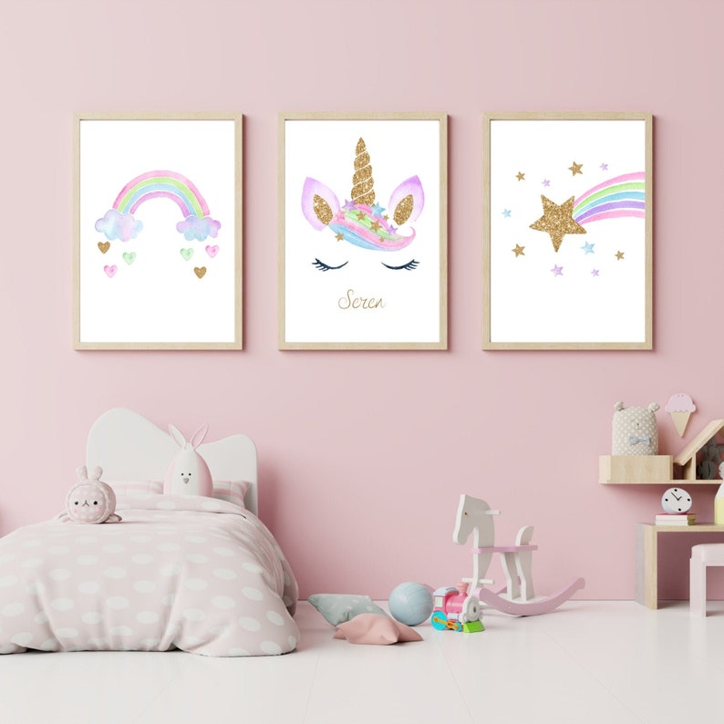 Unicorn Personalised Prints Set of 3 Girls Bedroom Prints - Etsy