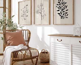 Botanical Line Art Prints: Set of 3 Modern Beige and black Wall Art (UNFRAMED)