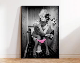 Girl on the toilet smoking, pink underwear, Humour toilet prints, Photograph, UNFRAMED