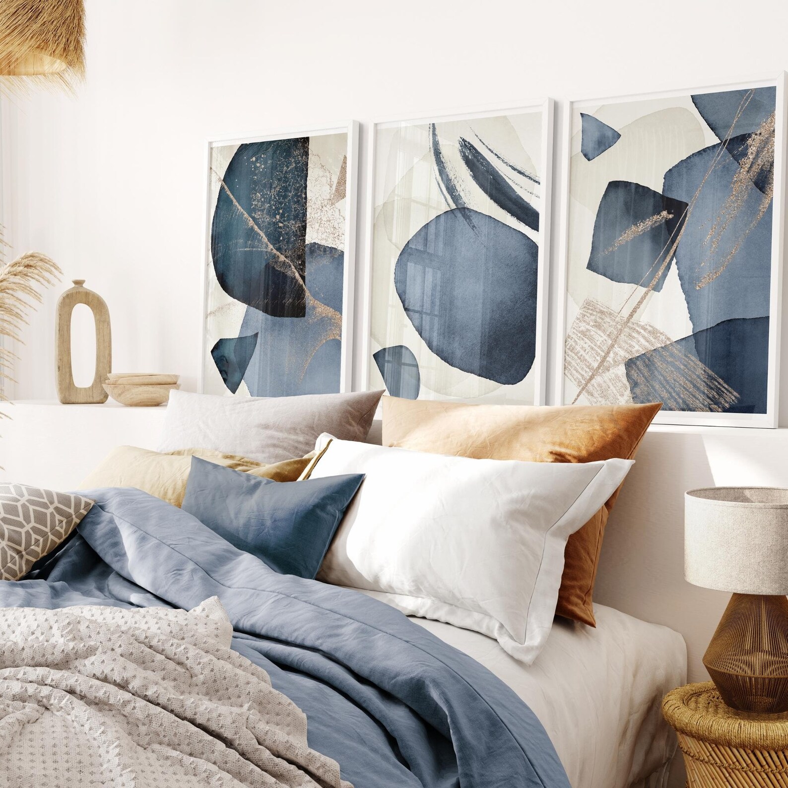 Blue Abstract Wall Art Set of 3 Blue Prints Brush Stroke - Etsy UK