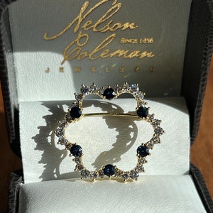 1.00 TCW Diamond and Dark Blue Sapphire 18k Yellow Gold Brooch/Pin
