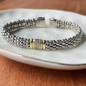 Lagos Caviar Sterling Silver and 18k Yellow Gold Diamond Bracelet