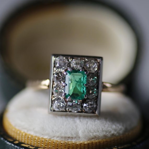 Edwardian Emerald and Diamond Gold and Platinum S… - image 1