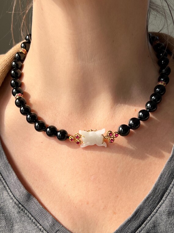 Onyx Bead 3.48tcw Ruby and White Jade 18k Yellow … - image 1