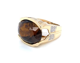 20 Carat Oval Cut Dravite Tourmaline and Diamond 14K Yellow Gold 1990s Cocktail Ring