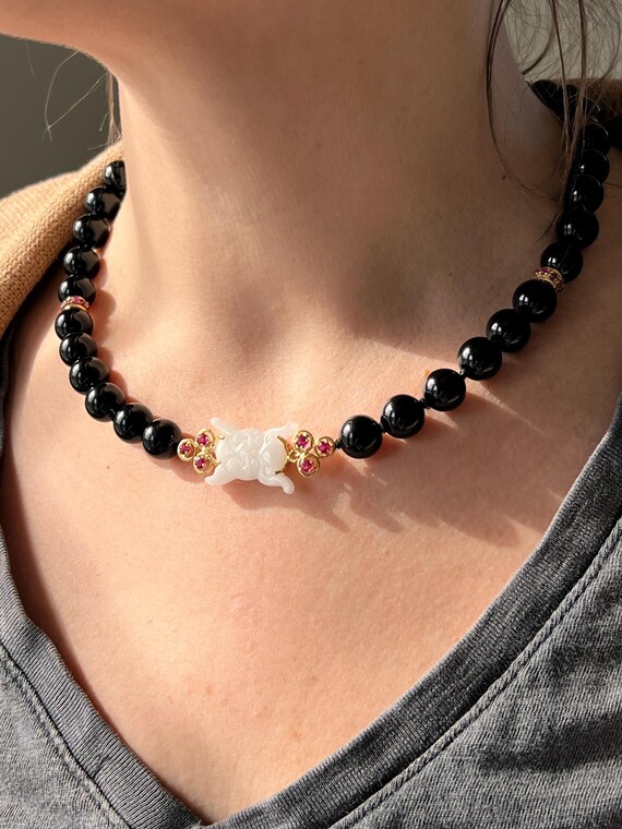 Onyx Bead 3.48tcw Ruby and White Jade 18k Yellow … - image 4