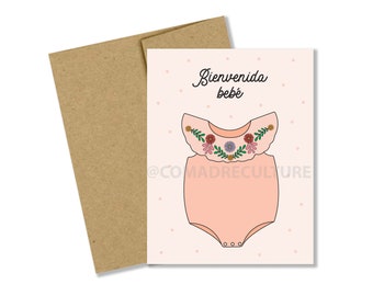 2 Optionen; Bienvenida Bebé, Bienvenido Bebé, Willkommensbabykarte, Babypartykarte, tarjeta, guayabera Strampelanzug, bordado Strampelanzug, Mädchen, Junge