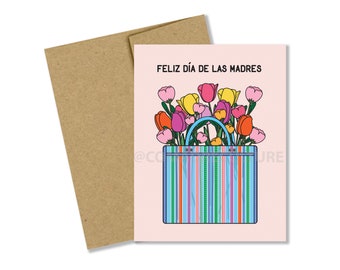 Feliz Día de las Madres tarjeta, mother's day card, mercado bag, flores para mamá, mother's day flower bag, mamá latina, colorful mesh bag