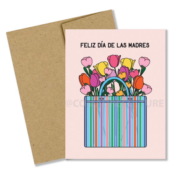Feliz Día de las Madres tarjeta, tarjeta del día de la madre, bolsa de mercado, flores para mamá, bolsa de flores del día de la madre, mamá latina, bolsa de malla de colores