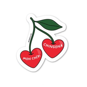 Adesivo Mon Cheri Chingona, cerejas, em forma de coração, cerejas, tema mexicano, calcamonia