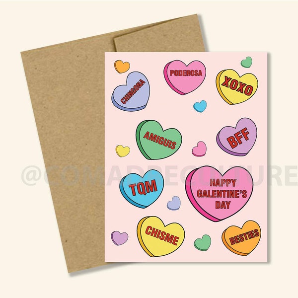 Galentine's Day- Conversation Hearts Spaglish, San Valentin, funny card, dia del amor y la amistad, Chingona, Poderosa, BFF, Chisme, besties