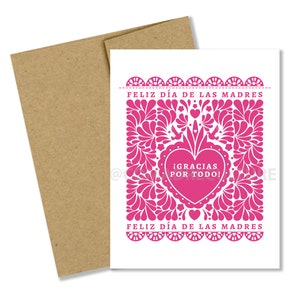 Feliz Día de las Madres tarjeta, Gracias por Todo, carte de fête des mères, papel picado, mamá latina, corazon