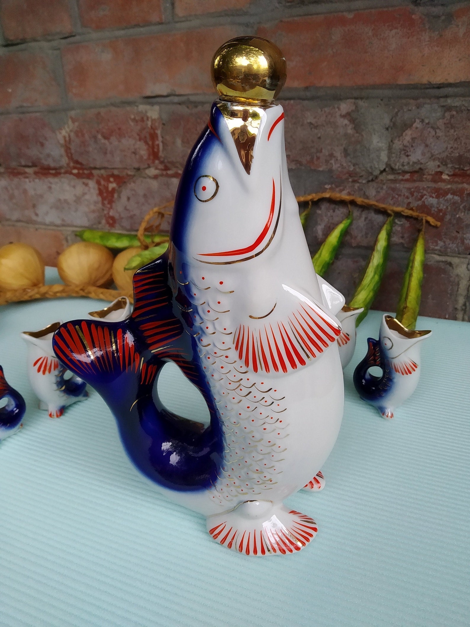 Soviet Porcelain Carafe fish. Carafe and 6 Glasses Etsy