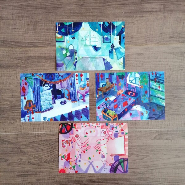 Biene und Welpe inspirierte ästhetische blau, lila, grün, rosa Schlafzimmer Aquarell Kunstdrucke Set Bündel