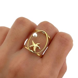 Pärl- och sjöstjärnering - Justerbar ring - Havsring - Minimalistiska smycken - Personliga presenter - Presenter till henne