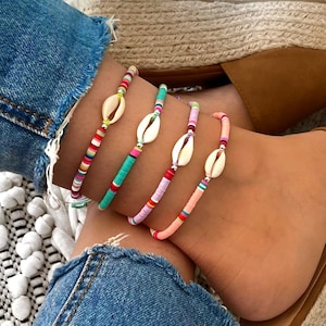 Boho snäckskal fotlänk, färgglatt pärlfodral, strandfotlänksarmband, justerbart snäckskal fotlänk, sommarsmycken, kustpresent till henne